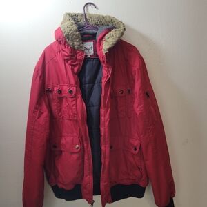 Brave Soul Red Puffer Jacket with Faux Fur Trim